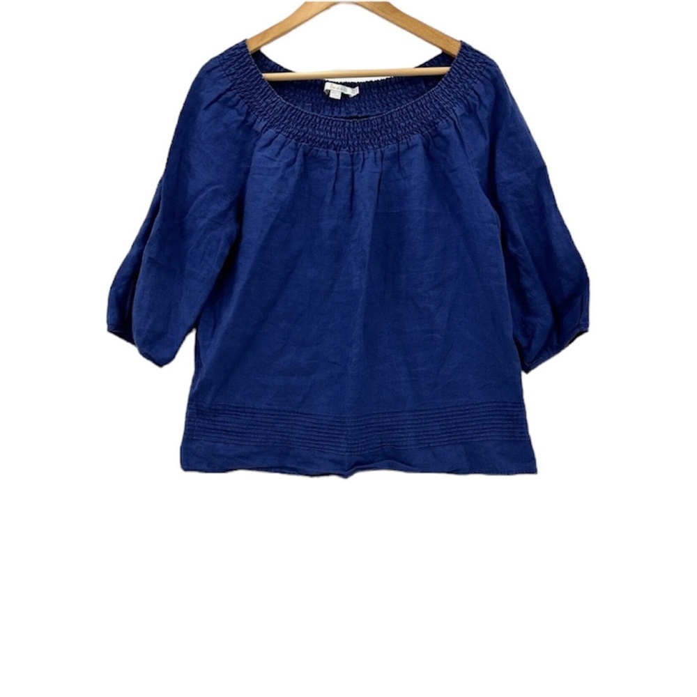 Boden Blouse Women’s Relax Elastic Neck Trim 3/4 Sleeve Linen Navy Blue US 2
